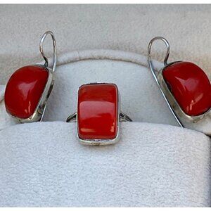 Sterling Silver and Red Coral Ring and Earring Statement Set EUC Size 6.75